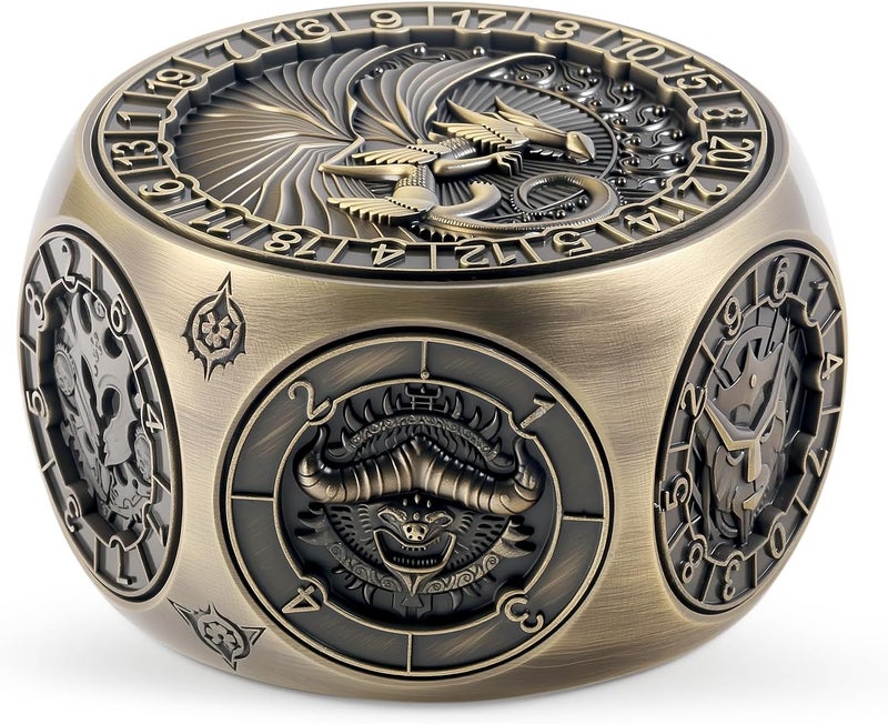 DNDND 8-in-1 Spinner Dice with Dual D20 - Hexagonal Metal D&D Monster Themed Dice Set for TTRPG Dungeons and Dragons, Dungeon Masters with Collectible Gift Tin (Brass) - Image 1